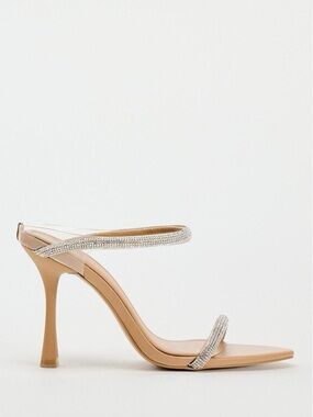 Zara HEELED SANDALS WITH RHINESTONE STRAPS. Beige. Size 6.5. New with Tags.